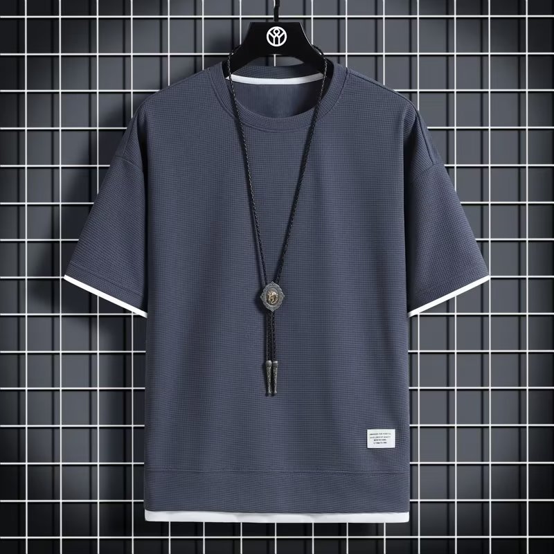 Ice silk short sleeve T-shirt Men's new summer relaxed breathable T-shirt Hugh large size waffle top