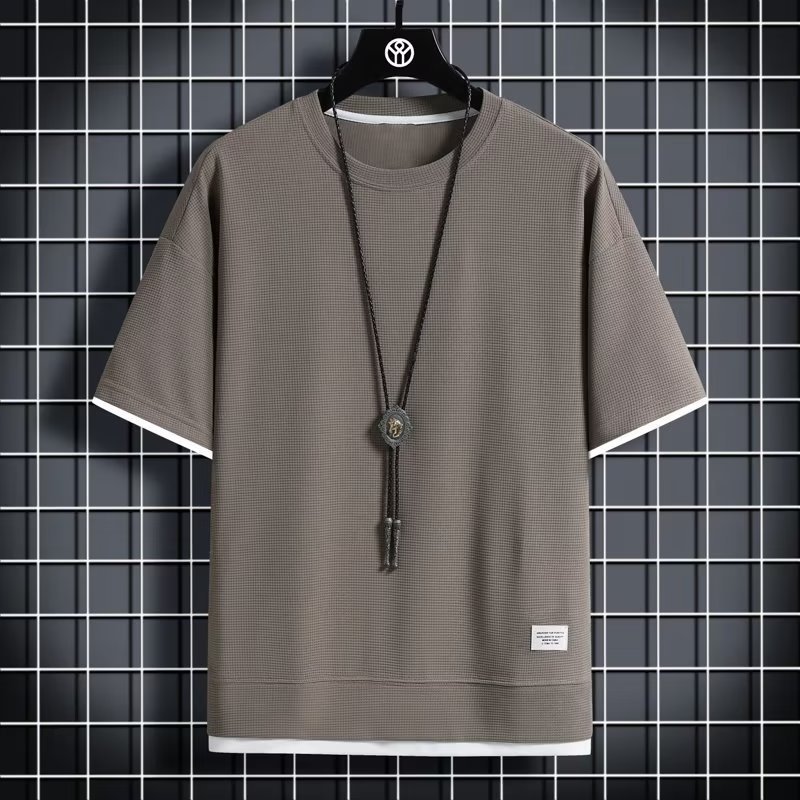 Ice silk short sleeve T-shirt Men's new summer relaxed breathable T-shirt Hugh large size waffle top