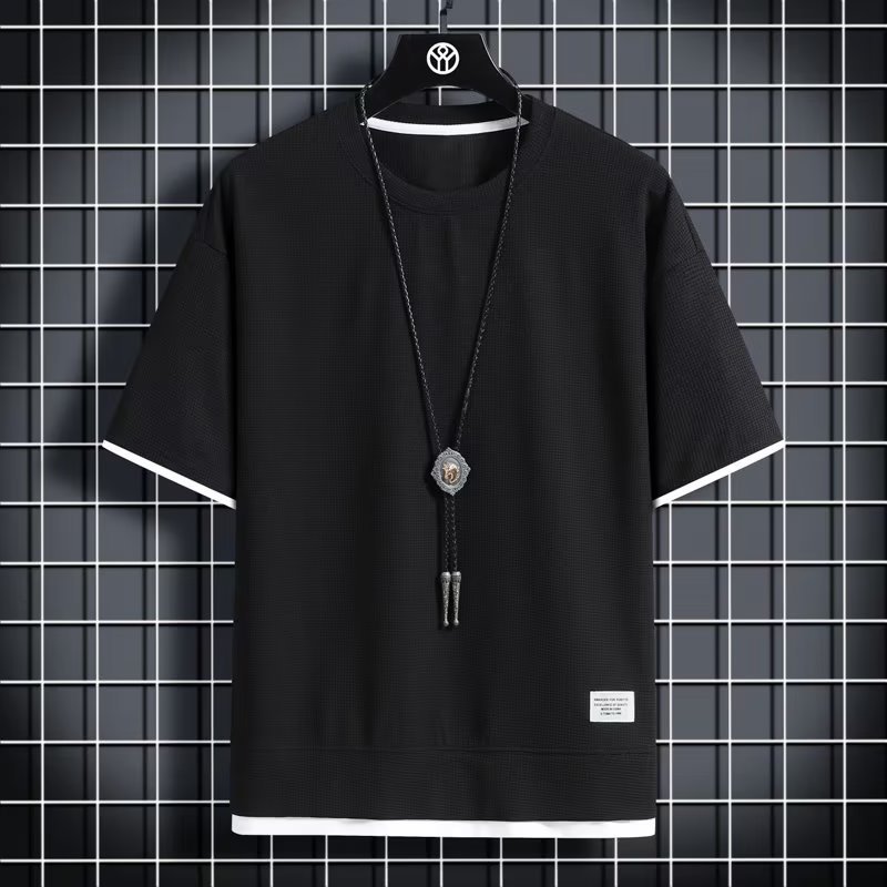 Ice silk short sleeve T-shirt Men's new summer relaxed breathable T-shirt Hugh large size waffle top
