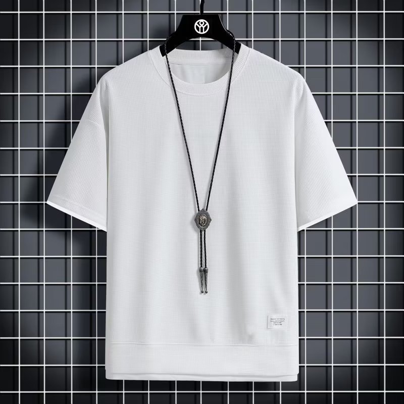 Ice silk short sleeve T-shirt Men's new summer relaxed breathable T-shirt Hugh large size waffle top