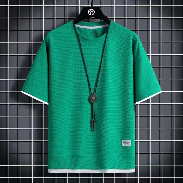 Ice silk short sleeve T-shirt Men's new summer relaxed breathable T-shirt Hugh large size waffle top