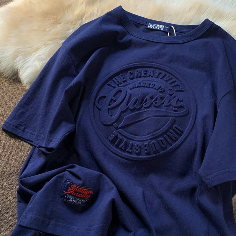High Quality Custom Logo Embossed T-Shirt for Men Heavy Basic Cotton Solid Print Supplier for Neck