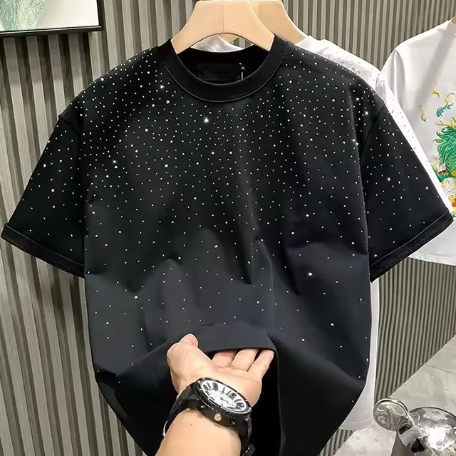Custom Cotton Rhinestone Neck Short Sleeve Plus Size Men's T-shirts Drop Shoulder White Rhinestone T Shirt For Men