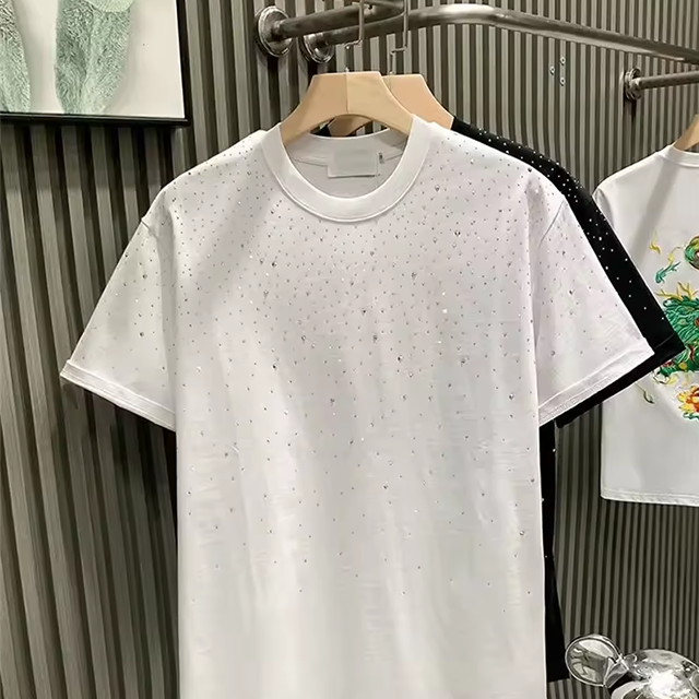 Custom Cotton Rhinestone Neck Short Sleeve Plus Size Men's T-shirts Drop Shoulder White Rhinestone T Shirt For Men
