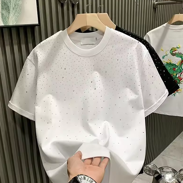 Custom Cotton Rhinestone Neck Short Sleeve Plus Size Men's T-shirts Drop Shoulder White Rhinestone T Shirt For Men