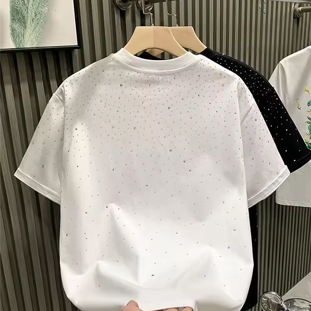 Custom Cotton Rhinestone Neck Short Sleeve Plus Size Men's T-shirts Drop Shoulder White Rhinestone T Shirt For Men