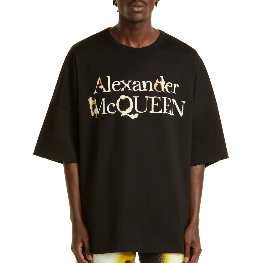 American street designer T-shirt letters flame print short-sleeved men's high luxury T-shirt loose large size men's T-shirt