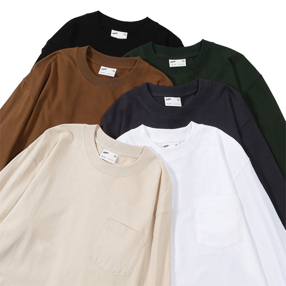 Men's Long Sleeve T-Shirts 100% Cotton Casual Style with Pocket O-Neck Washed Jersey 180 Grams Fabric Print Pattern