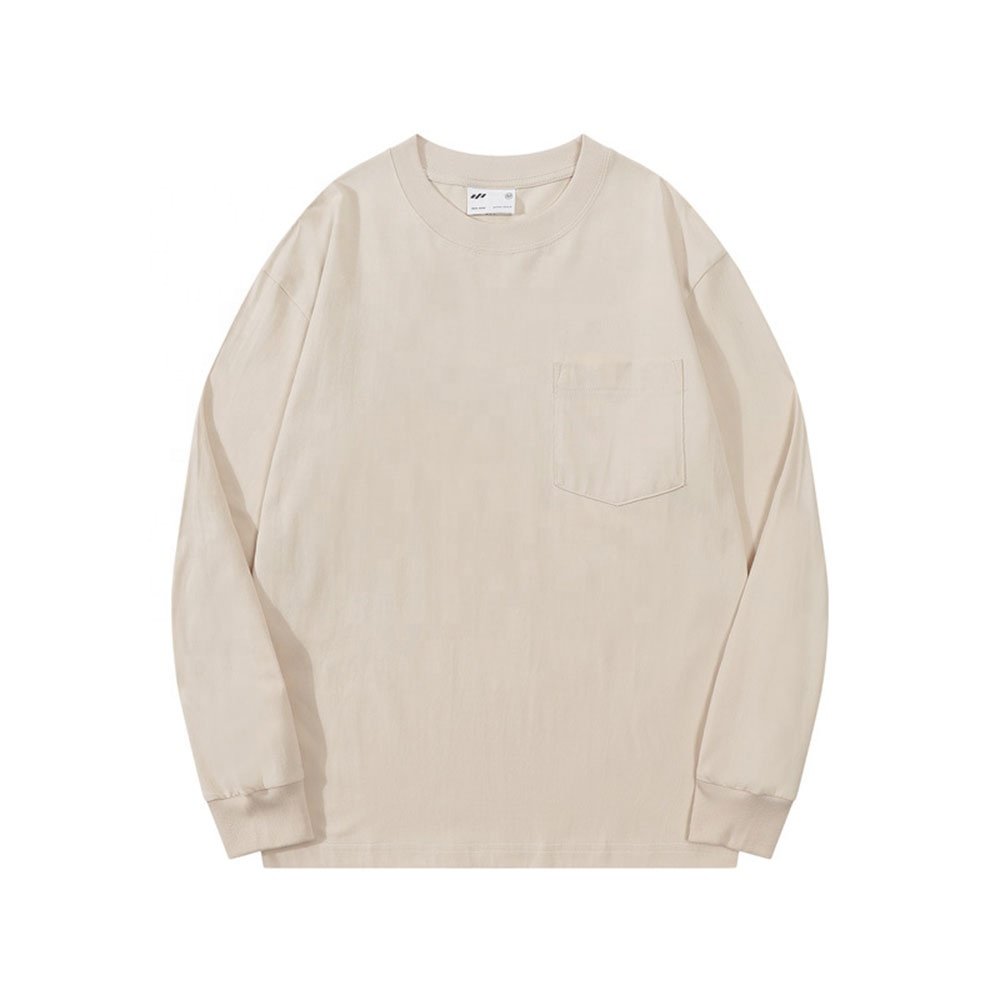 Men's Long Sleeve T-Shirts 100% Cotton Casual Style with Pocket O-Neck Washed Jersey 180 Grams Fabric Print Pattern