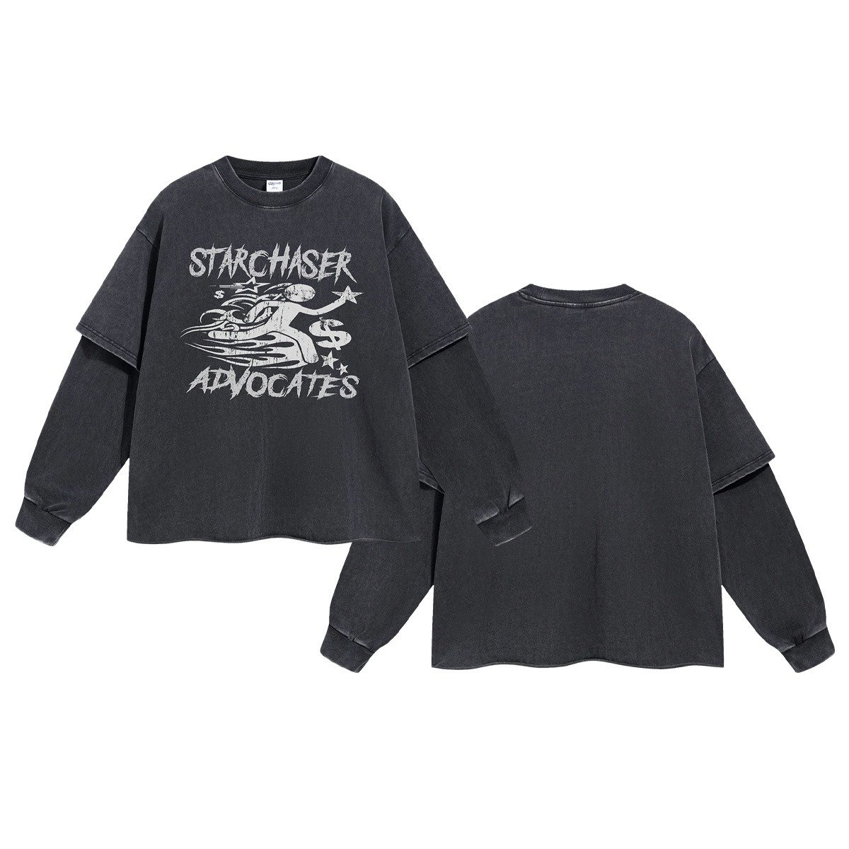 New Style men's Crew Neck double layer Custom Long Sleeve Vintage Acid Washed Heavy Weight Long Sleeve T Shirts for men