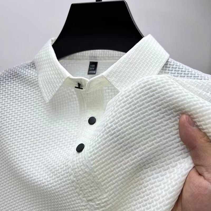 Men Short Sleeve Lapel Button Polo Shirt Ice Silk T-shirt Summer Solid Color Stretch Comfortable Casual Tops Tees Men's T-shirt