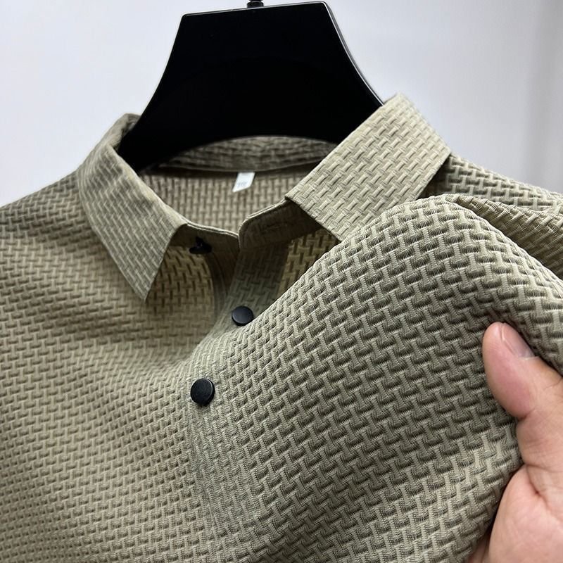 Men Short Sleeve Lapel Button Polo Shirt Ice Silk T-shirt Summer Solid Color Stretch Comfortable Casual Tops Tees Men's T-shirt