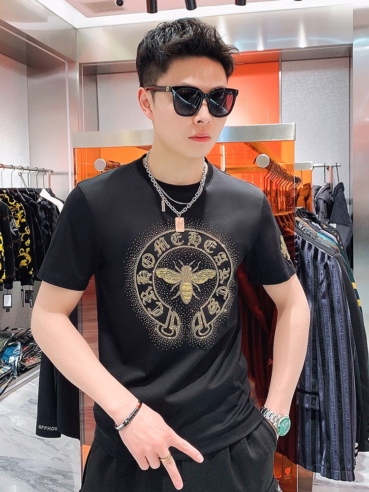 2021 New Fashion Men's Solid Color Cotton T-Shirt Customized t shirt with Rhinestones