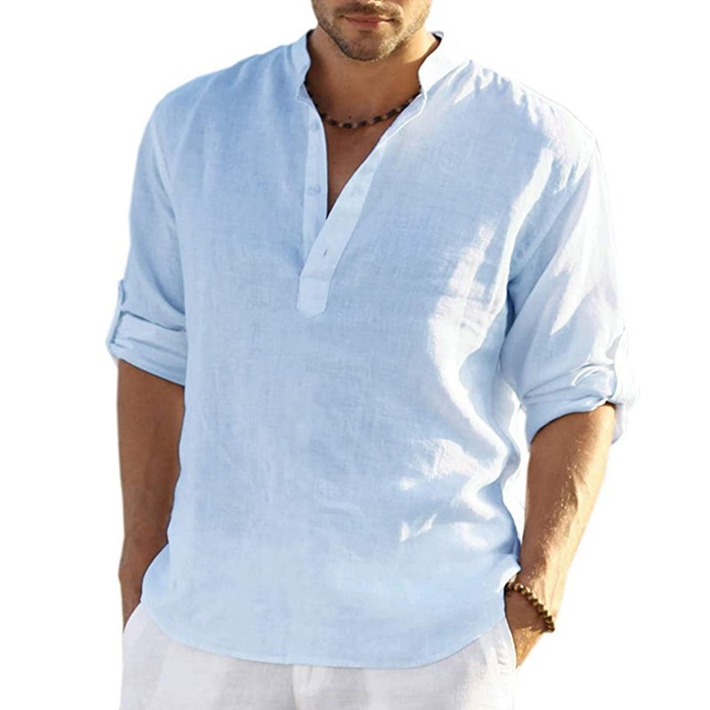 Men Shirts Sand Collar V-neck Cotton Linen Long Sleeve Solid Color Men's Loose Tops Pullover Blouse T-shirt Casual Shirt