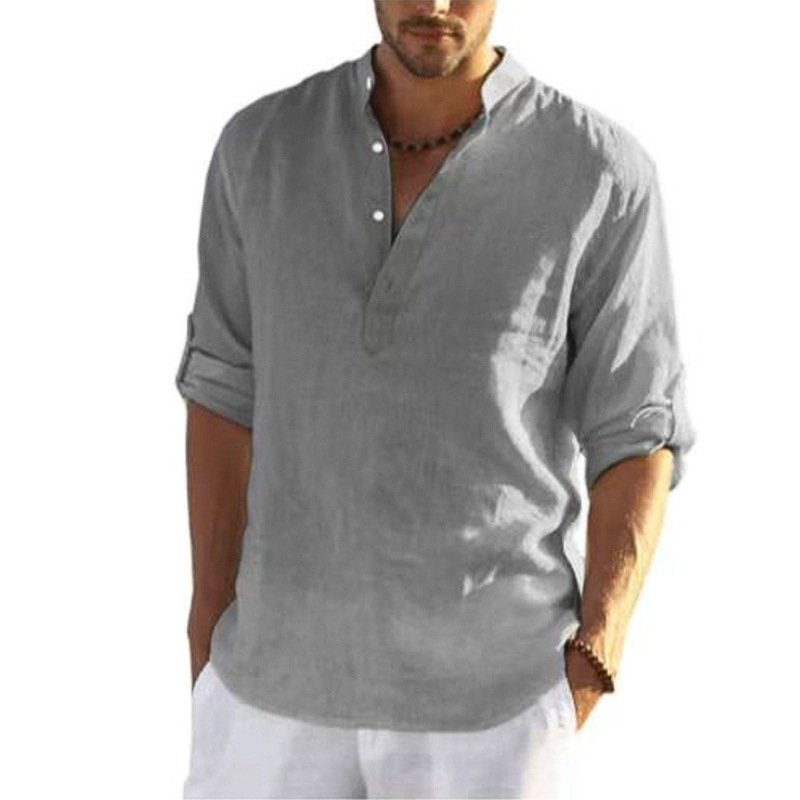 Men Shirts Sand Collar V-neck Cotton Linen Long Sleeve Solid Color Men's Loose Tops Pullover Blouse T-shirt Casual Shirt