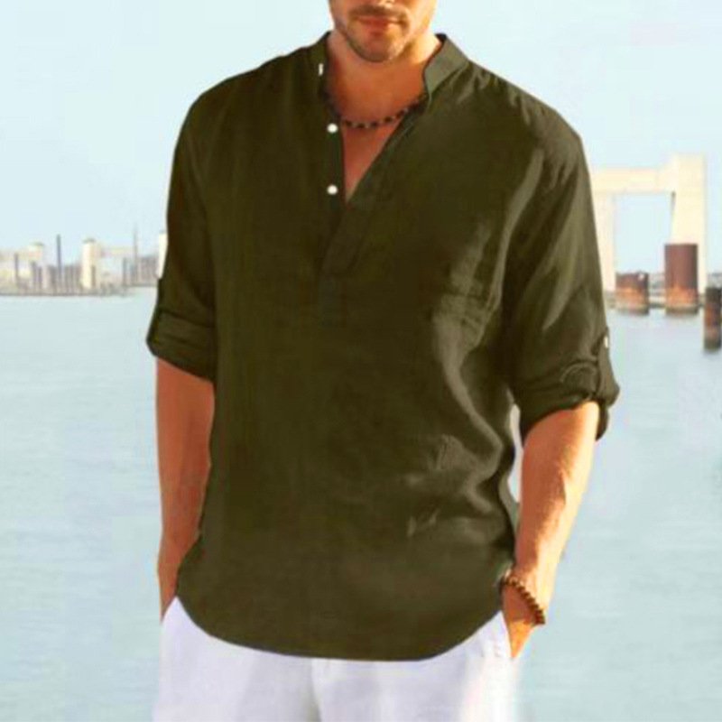 Men Shirts Sand Collar V-neck Cotton Linen Long Sleeve Solid Color Men's Loose Tops Pullover Blouse T-shirt Casual Shirt