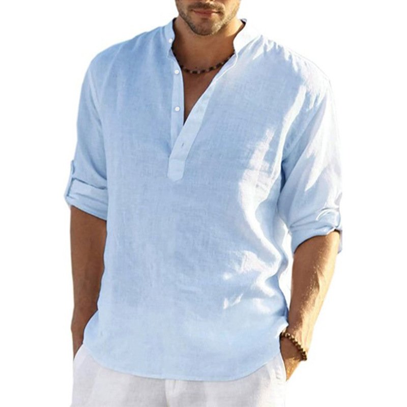Men Shirts Sand Collar V-neck Cotton Linen Long Sleeve Solid Color Men's Loose Tops Pullover Blouse T-shirt Casual Shirt