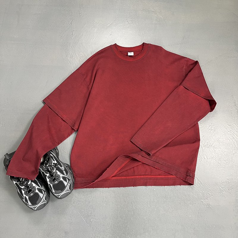 Wholesale High Quality Custom Unisex Dirty Dye Heavyweight Men's Fried Colour Worn Men's Two-Piece spliced Long Sleeve t-shirt