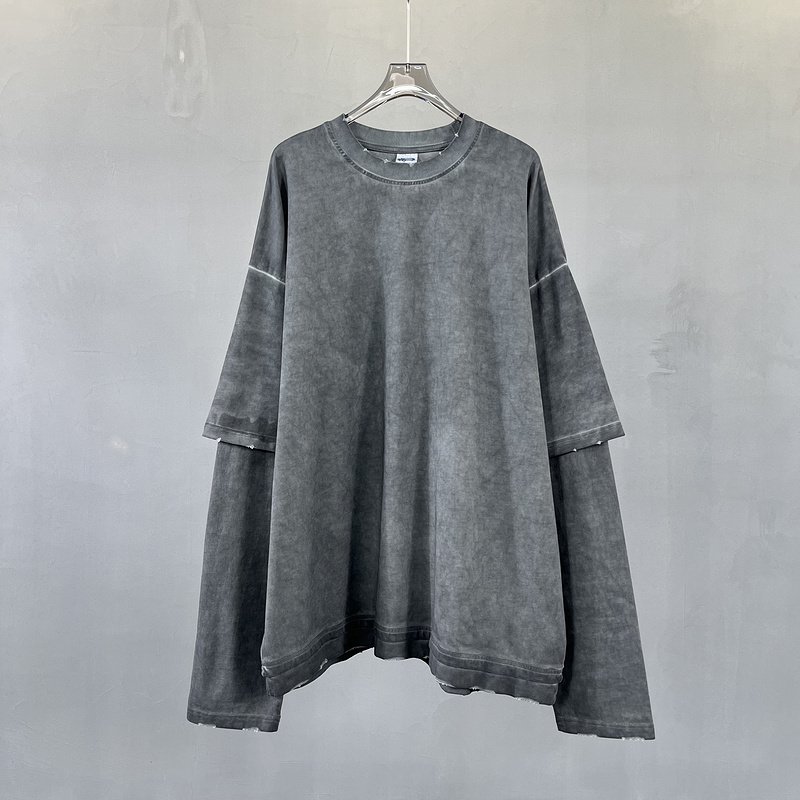 Wholesale High Quality Custom Unisex Dirty Dye Heavyweight Men's Fried Colour Worn Men's Two-Piece spliced Long Sleeve t-shirt