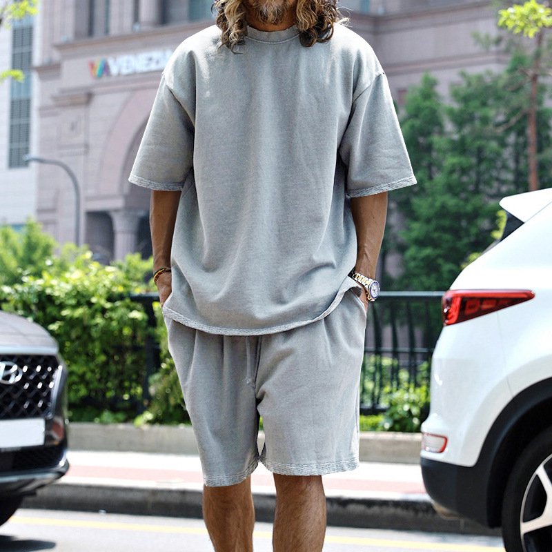 Summer comfortable men's t-shirts casual loose men short sets plus size plain color 2 pieces suits female men outfit sets