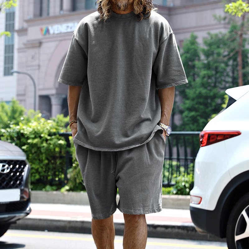 Summer comfortable men's t-shirts casual loose men short sets plus size plain color 2 pieces suits female men outfit sets