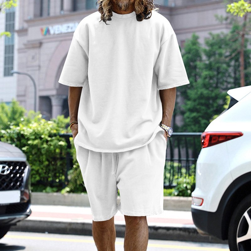 Summer comfortable men's t-shirts casual loose men short sets plus size plain color 2 pieces suits female men outfit sets