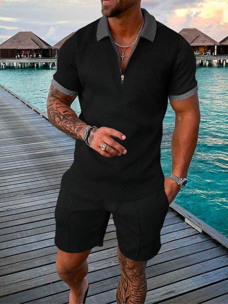 Casual polo shirts sets mens custom tracksuit men's t shirt and short set with zipper