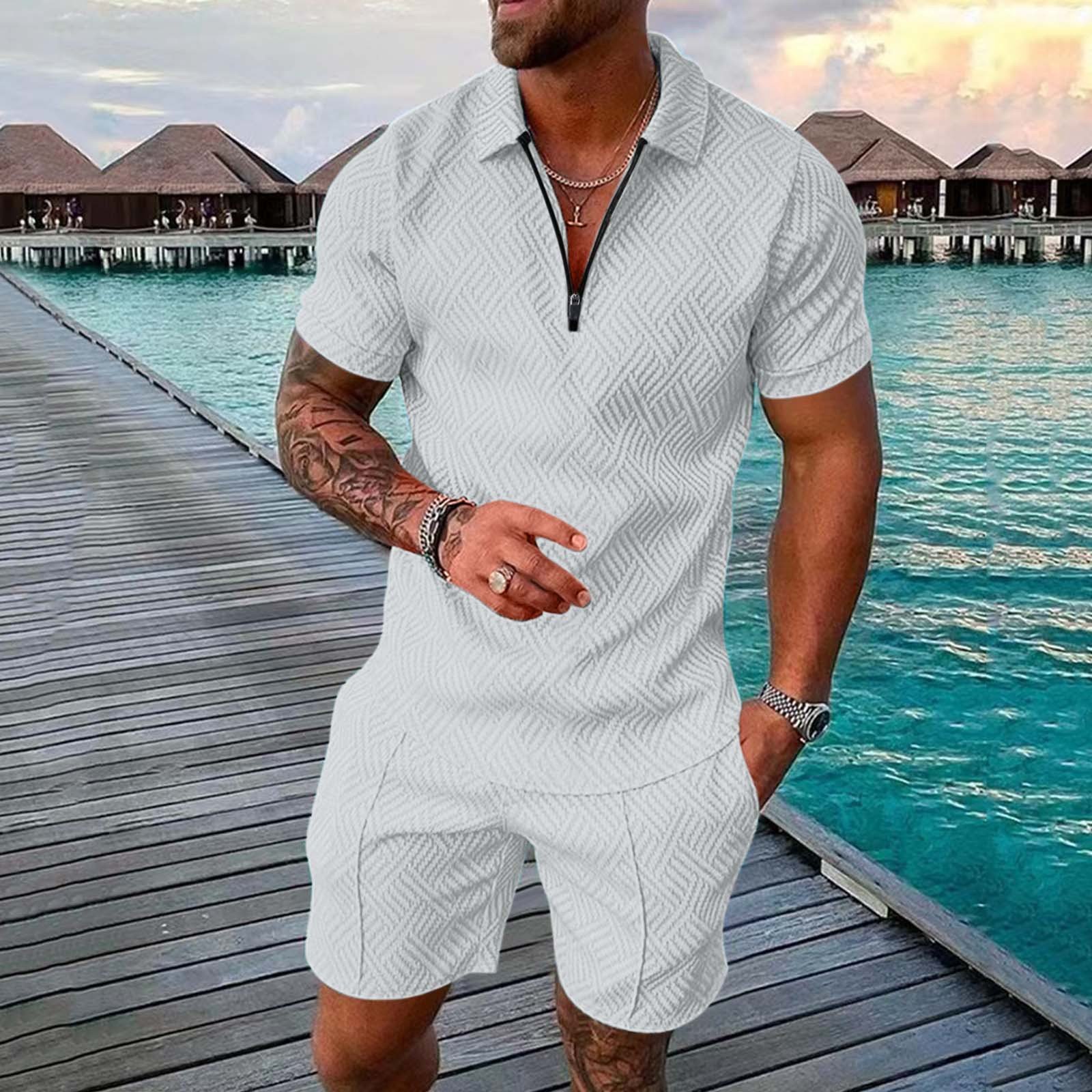 Casual polo shirts sets mens custom tracksuit men's t shirt and short set with zipper