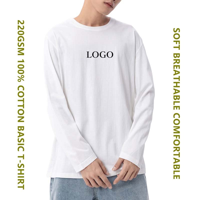 custom t shirt comfortable loose heavy 220gsm 100% combed cotton solid color long sleeve men basic tshirt