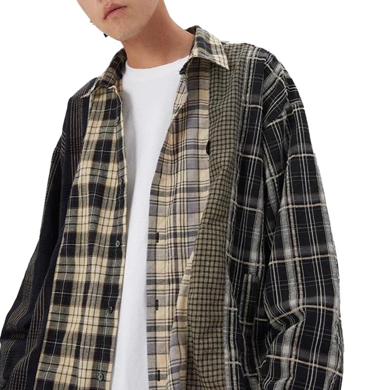 Summer new arrivals comfortable breathable neutral style casual vintage plaid patchwork flannel shirt