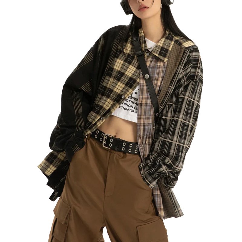 Summer new arrivals comfortable breathable neutral style casual vintage plaid patchwork flannel shirt