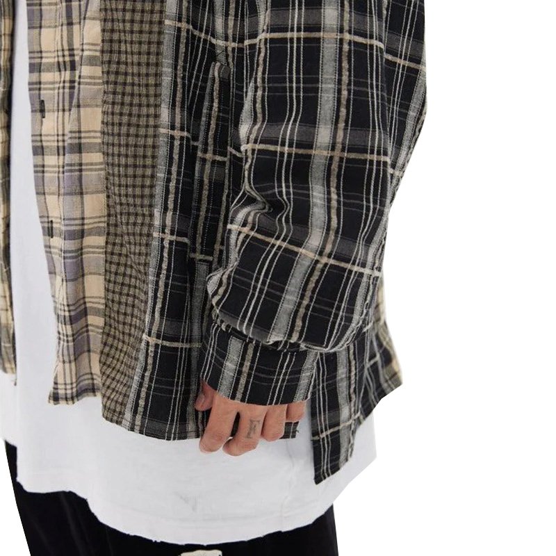 Summer new arrivals comfortable breathable neutral style casual vintage plaid patchwork flannel shirt
