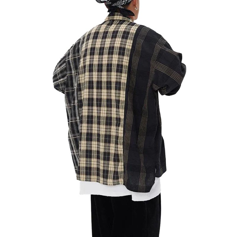 Summer new arrivals comfortable breathable neutral style casual vintage plaid patchwork flannel shirt