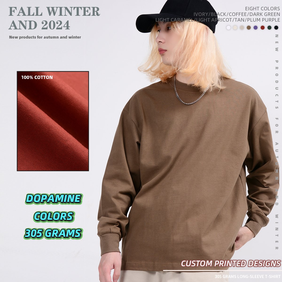 Heavyweight 305GSM custom high quality 100% cotton long sleeve t shirt for custom logo men tshirt Custom Unisex Loose T-shirt