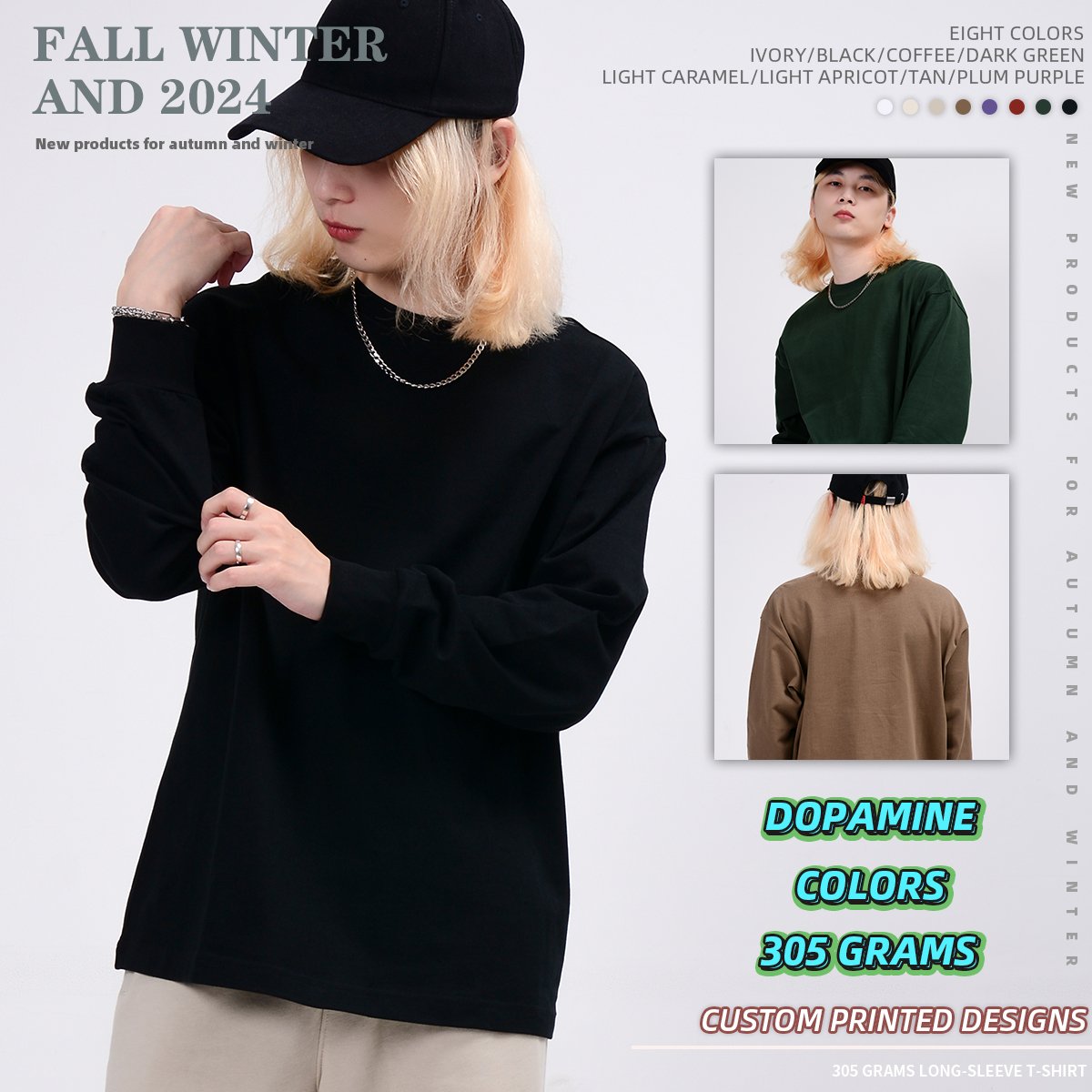 Heavyweight 305GSM custom high quality 100% cotton long sleeve t shirt for custom logo men tshirt Custom Unisex Loose T-shirt