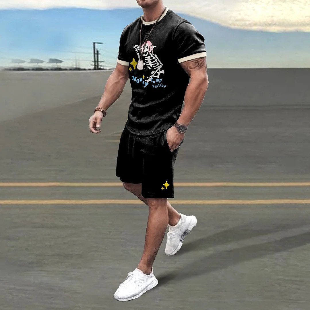 Men's Casual T-Shirt and Short Set Customizable Design Quick Dry Printed Fleece Fabric Knitted Two-Piece for Summer