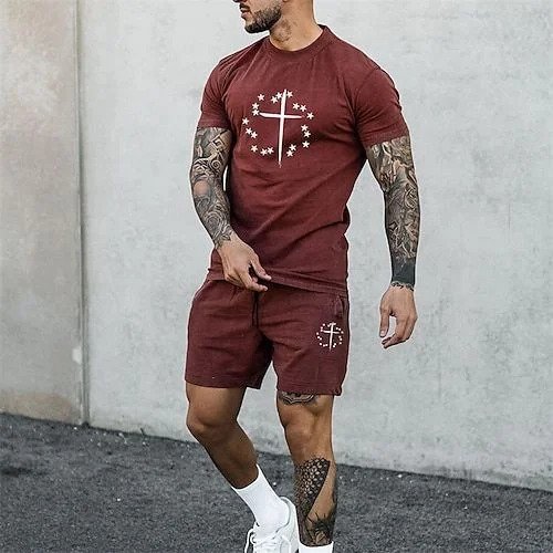 Men's Casual T-Shirt and Short Set Customizable Design Quick Dry Printed Fleece Fabric Knitted Two-Piece for Summer