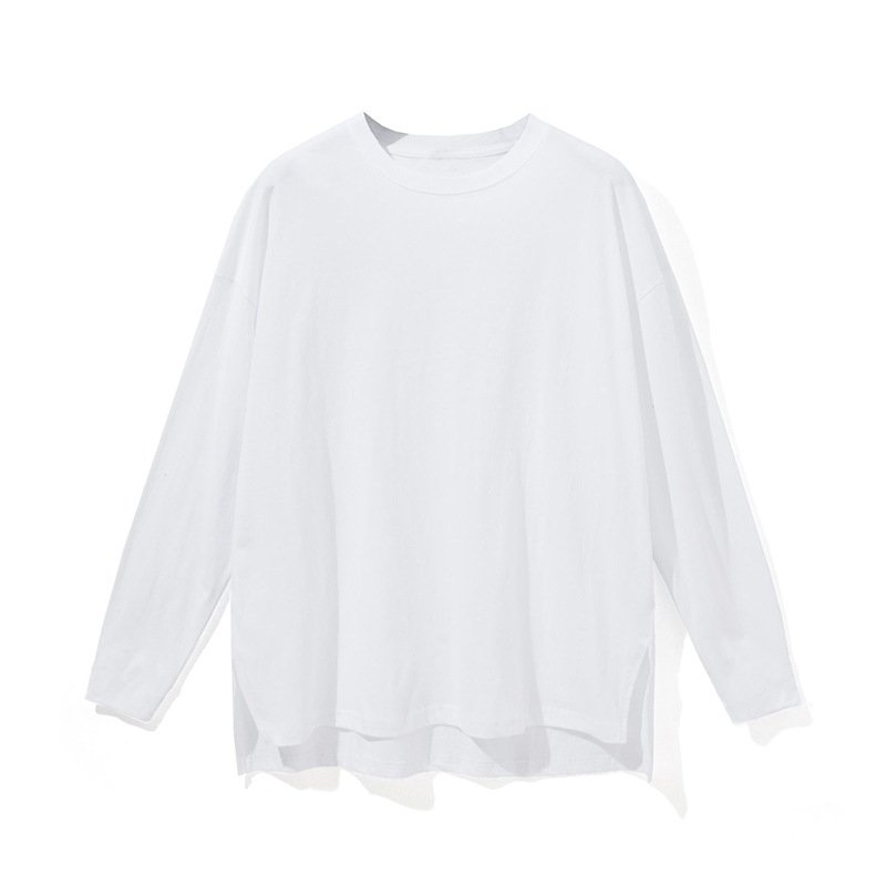 Polyester t-Shirt Solid Color Long Sleeve Men Chinoiserie Shirt Round Neck Loose Men's Side Slit T-Shirt