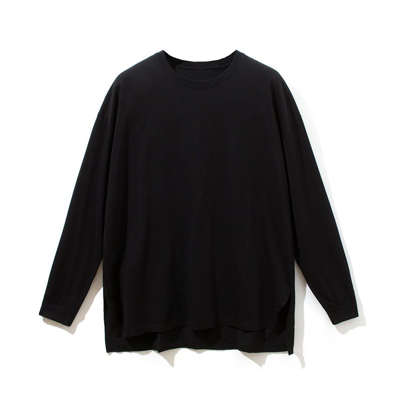 Polyester t-Shirt Solid Color Long Sleeve Men Chinoiserie Shirt Round Neck Loose Men's Side Slit T-Shirt