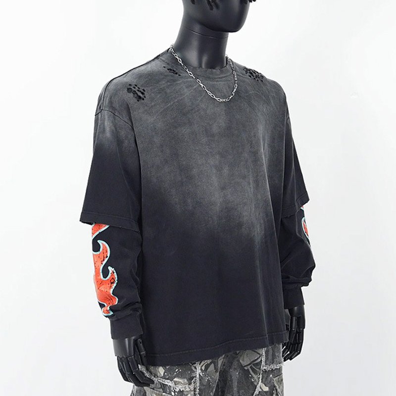 Wholesale custom logo crack print tee shirt acid wash oversized t streetwear double layer clothes t shirt for men