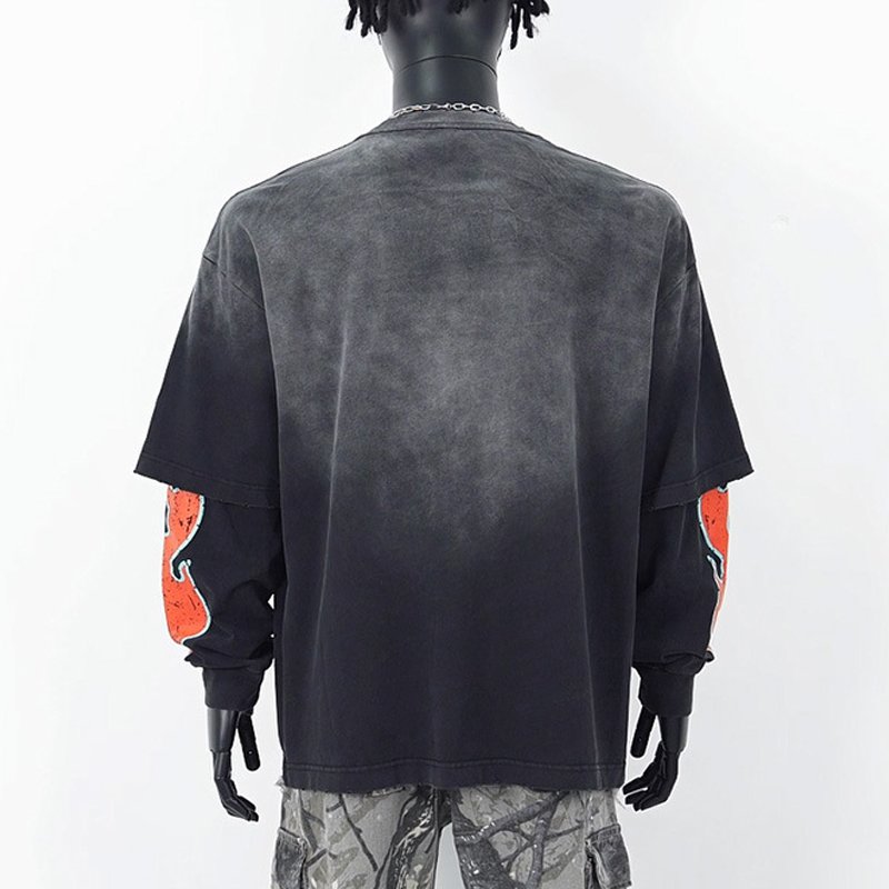 Wholesale custom logo crack print tee shirt acid wash oversized t streetwear double layer clothes t shirt for men