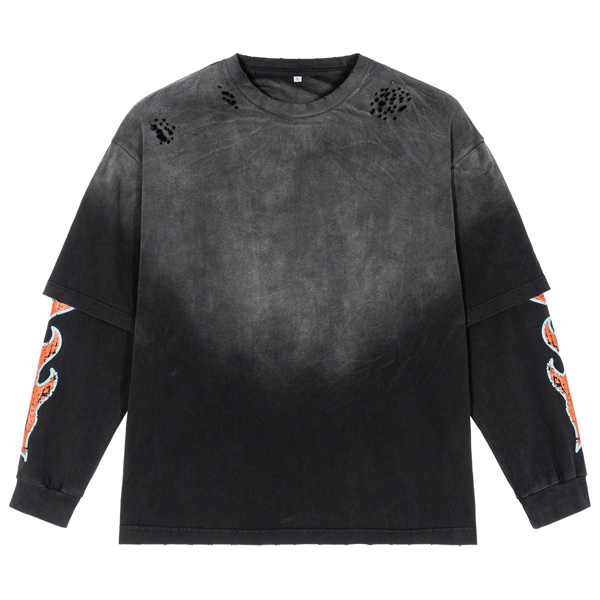 Wholesale custom logo crack print tee shirt acid wash oversized t streetwear double layer clothes t shirt for men