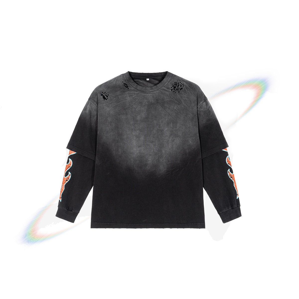 Wholesale custom logo crack print tee shirt acid wash oversized t streetwear double layer clothes t shirt for men