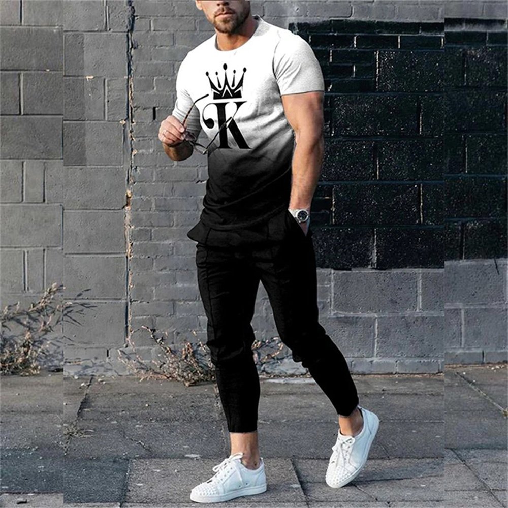 Men's new 3D printing short-sleeved casual T-shirt top with casual pants two-piece set