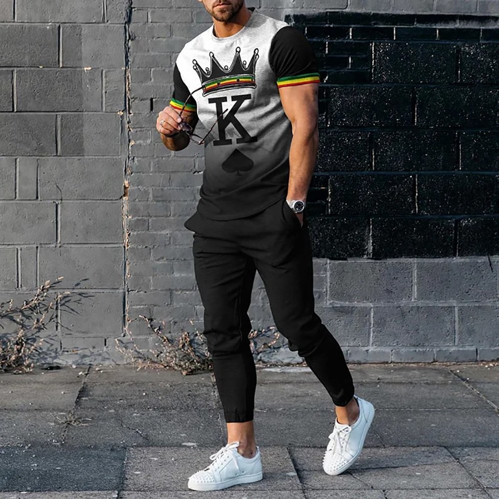 Men's new 3D printing short-sleeved casual T-shirt top with casual pants two-piece set