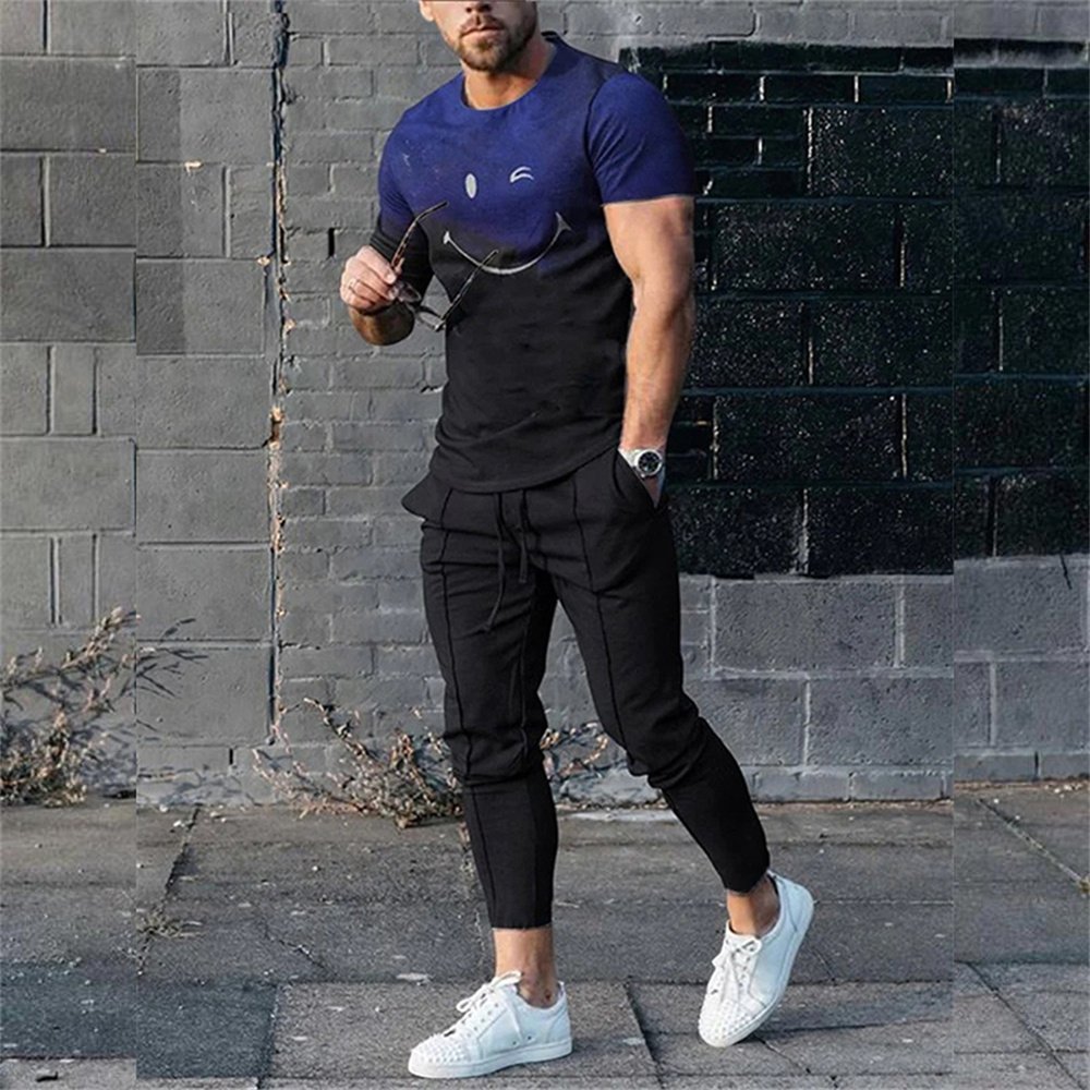 Men's new 3D printing short-sleeved casual T-shirt top with casual pants two-piece set