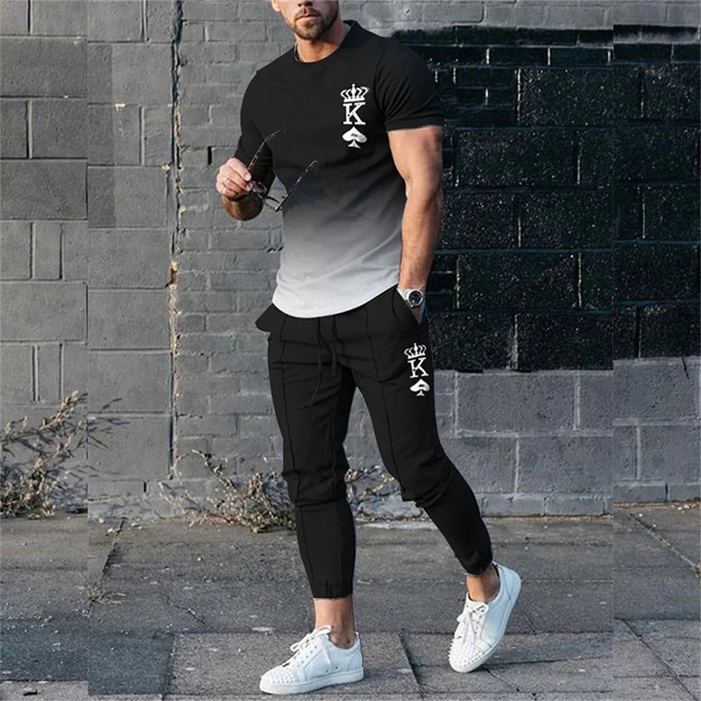 Men's new 3D printing short-sleeved casual T-shirt top with casual pants two-piece set