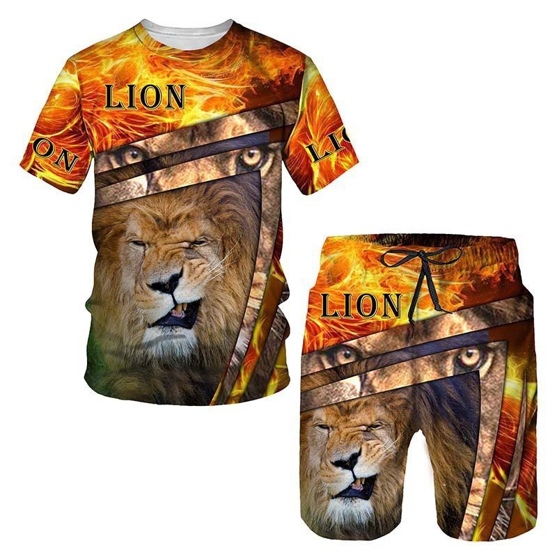 New Summer Large Size Men's T-Shirt Set Breathable and Quick Dry Knitted with Animal Digital Printing Thermal 2 Piece Set