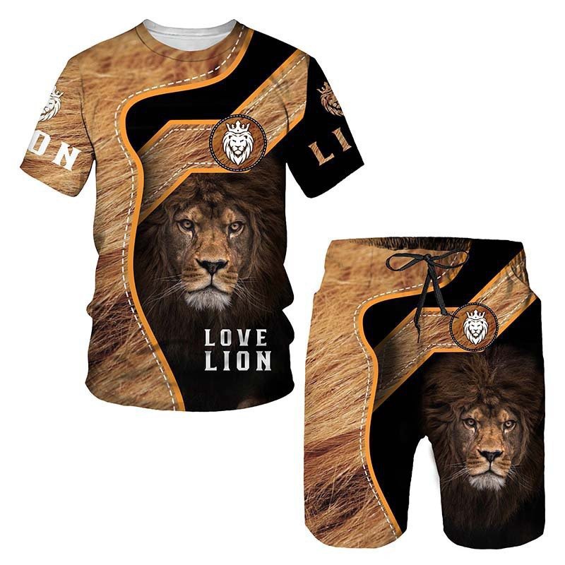 New Summer Large Size Men's T-Shirt Set Breathable and Quick Dry Knitted with Animal Digital Printing Thermal 2 Piece Set