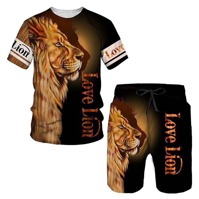 New Summer Large Size Men's T-Shirt Set Breathable and Quick Dry Knitted with Animal Digital Printing Thermal 2 Piece Set